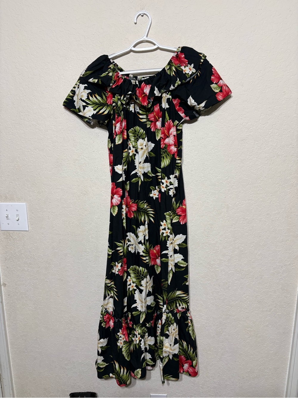 KY’s Hawaiian Black Floral Off-Shoulder Maxi Dress with Ruffle Neckline